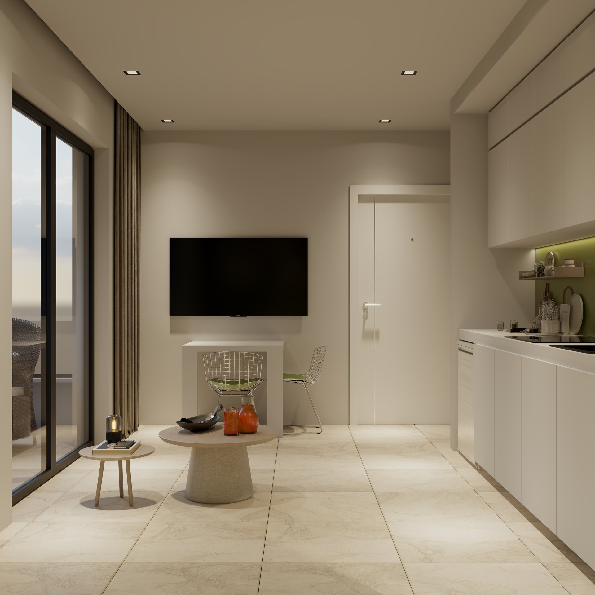 Studio living and kitchenette