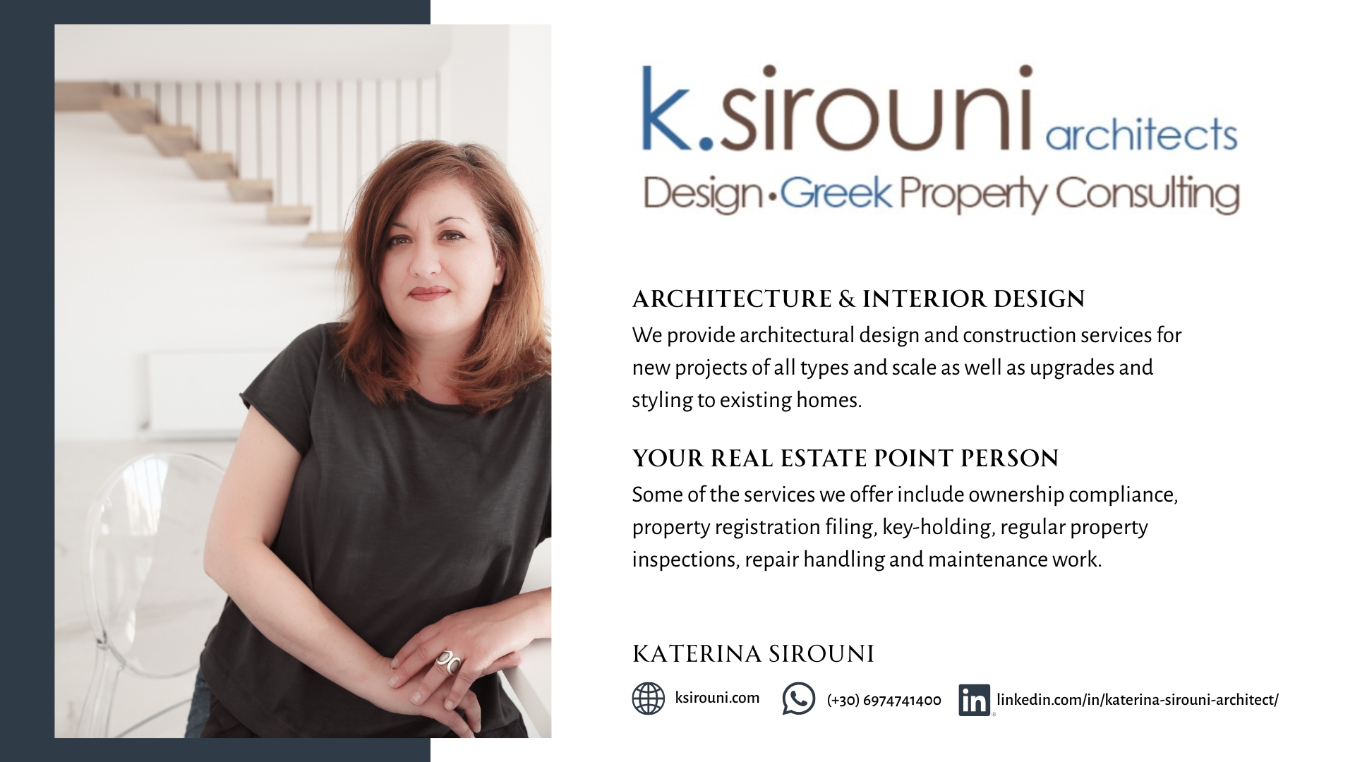 K. Sirouni Architects — Katerina Sirouni, services overview, and contact info